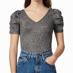 Sandro Metallic Puffed Sleeve‎ Stretch Knit Top Silver Women Small Chic Dressy